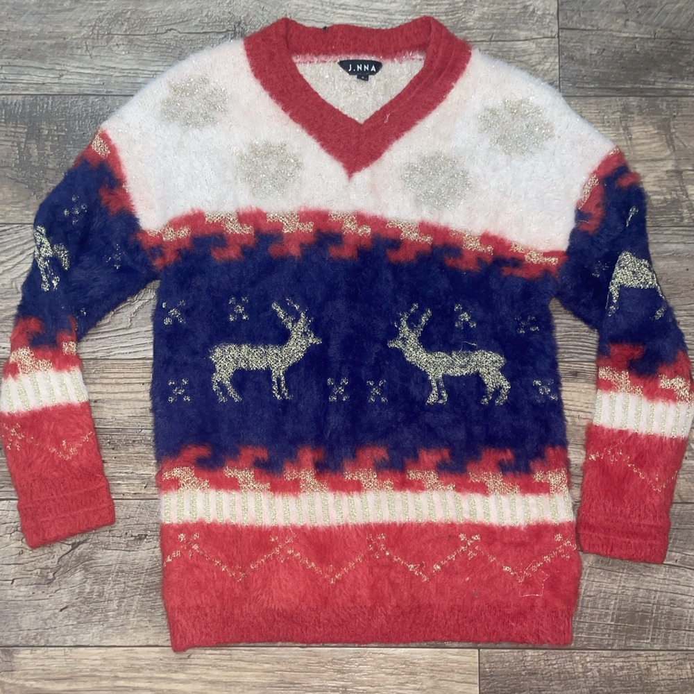 J.NNA Women's Reindeer Pattern Fuzzy Knit Sweater Holiday Snowflake Xmas Sz S‎